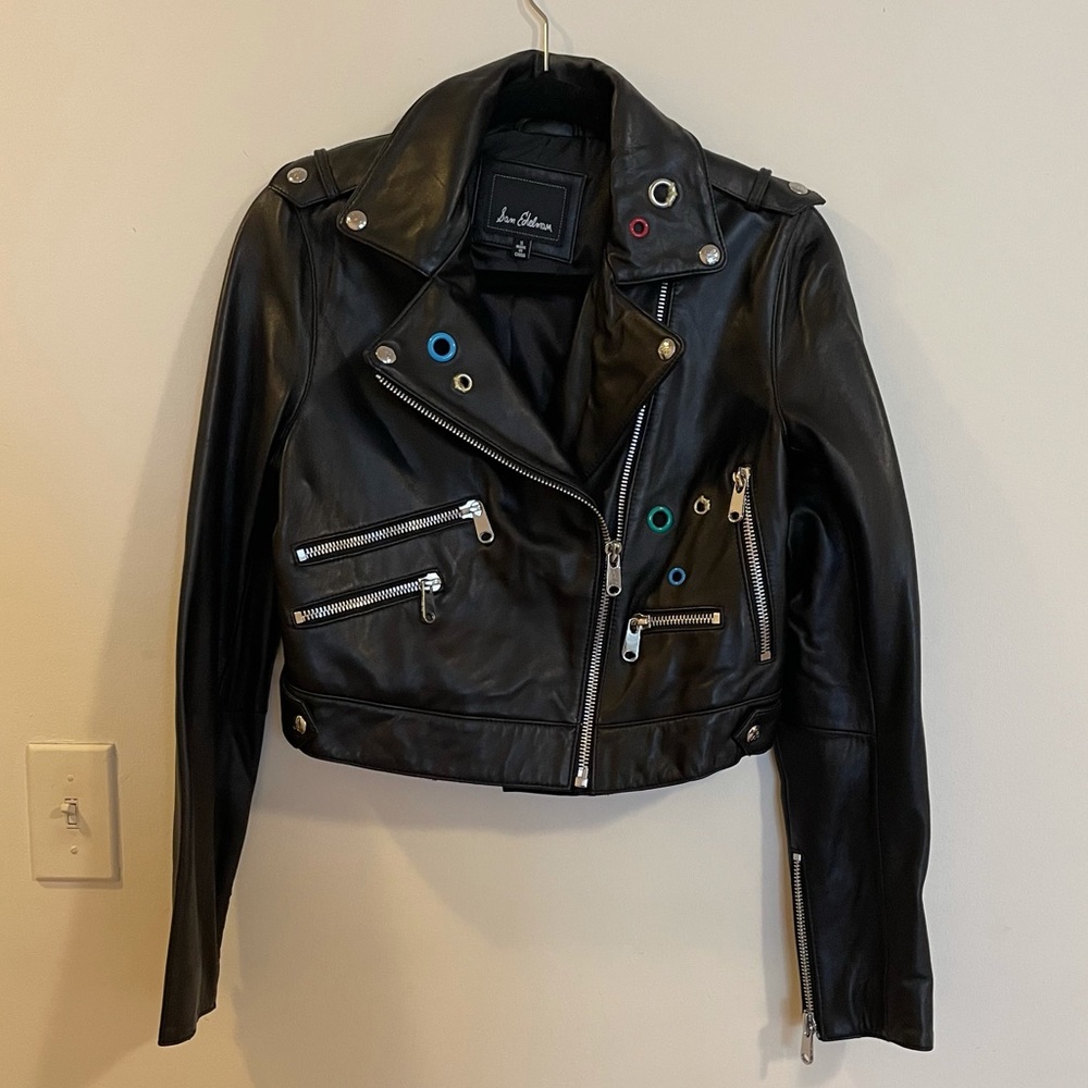 SAM EDELMAN REAL LEATHER MOTO JACKET WITH EYELET DETAIL